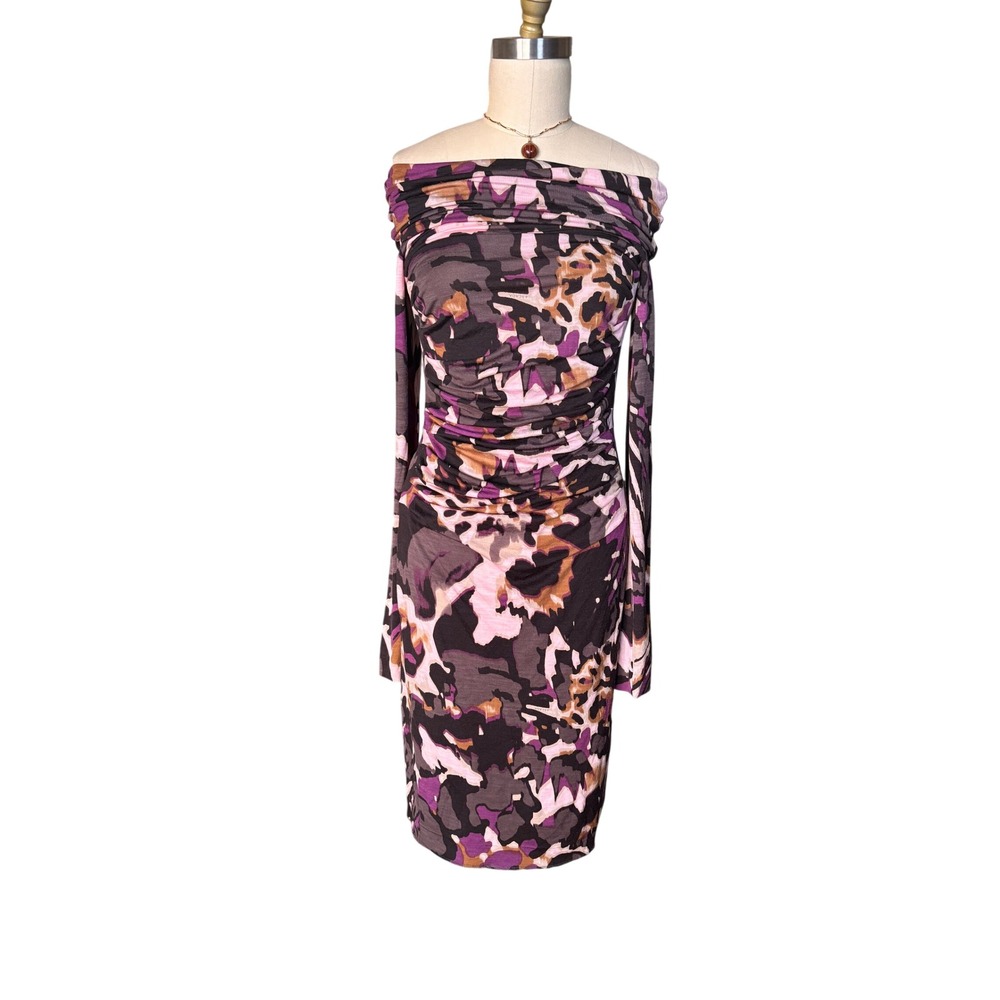 Abstract Print Ruched Off-the-Shoulder Escada Dress 40 Purple Multi